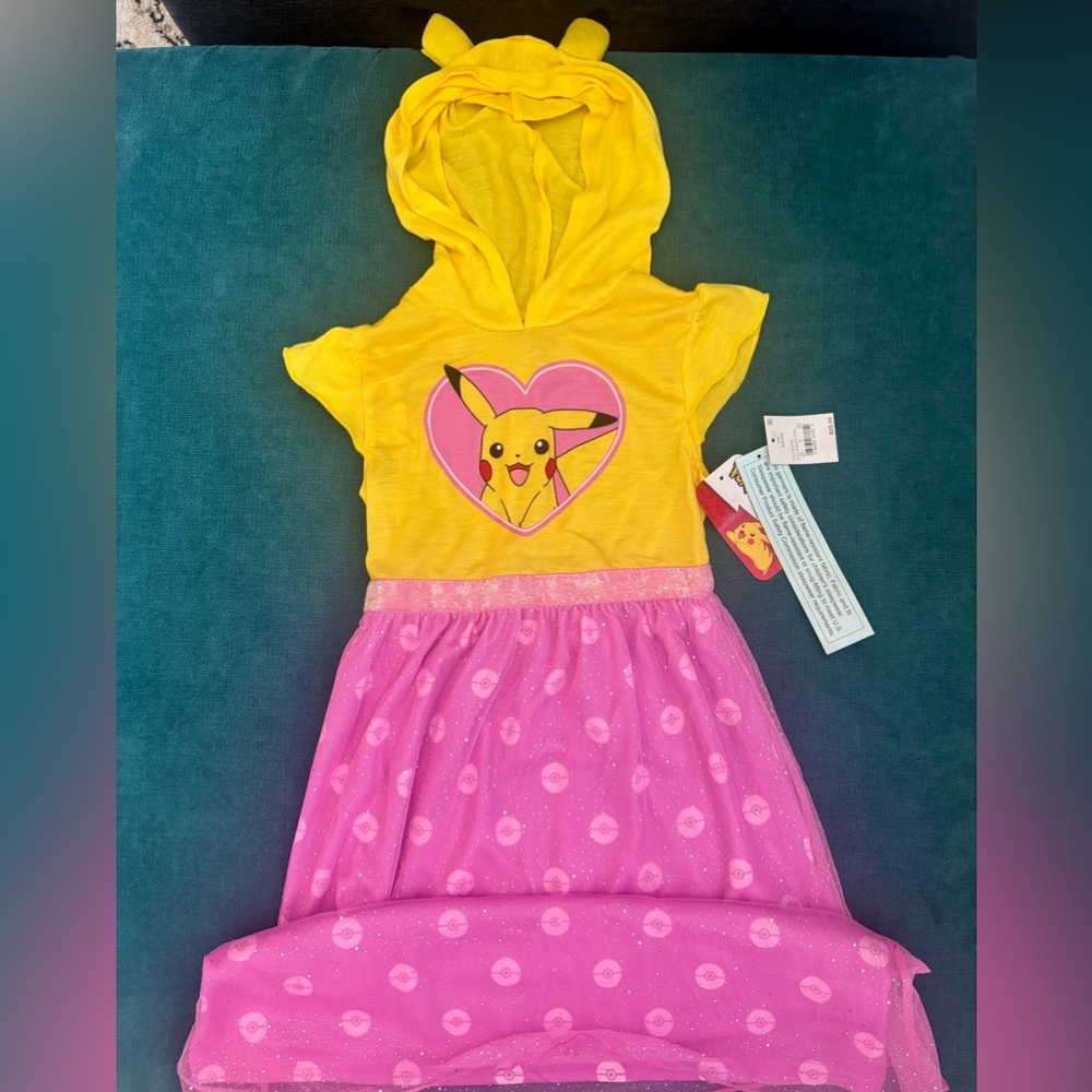 Yellow and Pink Sparkly Pikachu Hooded Girls Dress 6/6X NWT